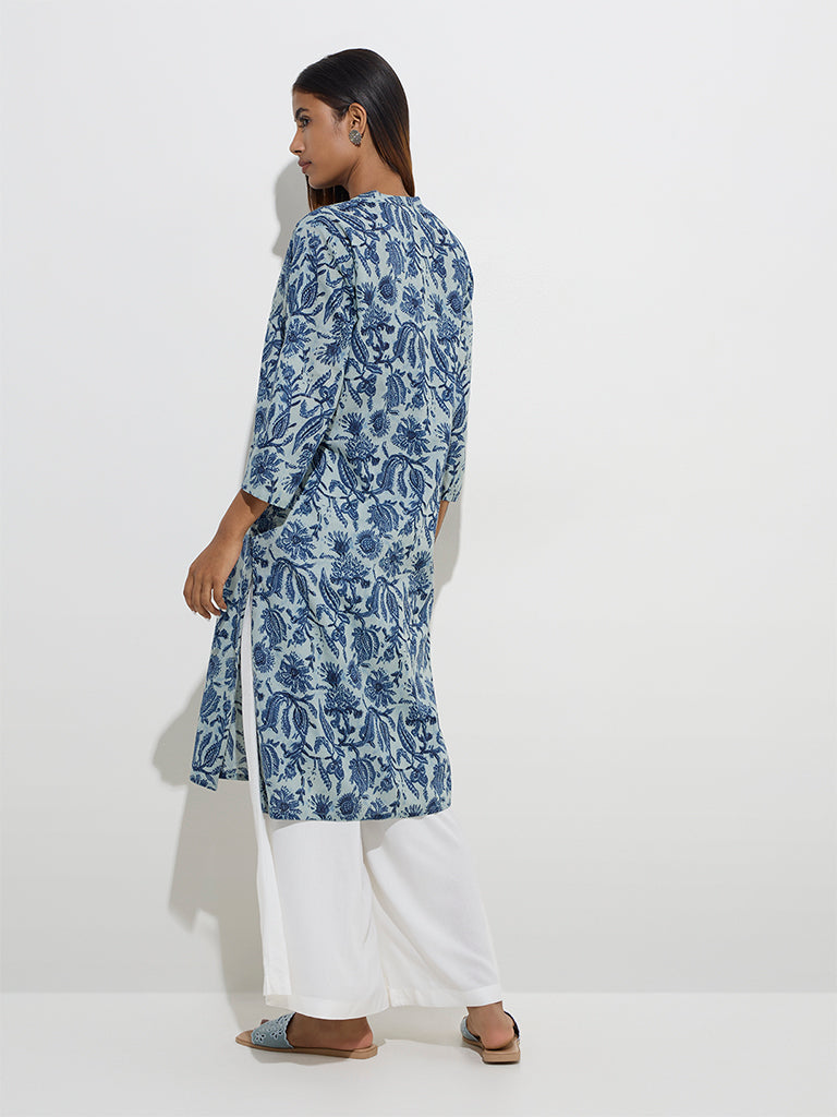 Utsa Blue Botanical Printed Straight Cotton Kurta