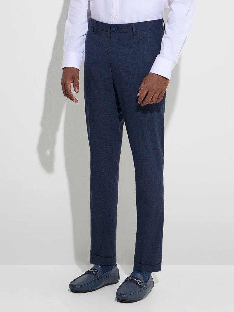 Westside WES Formals Men's Navy Carrot-Fit Mid-Rise Trousers for Work Wear Front View