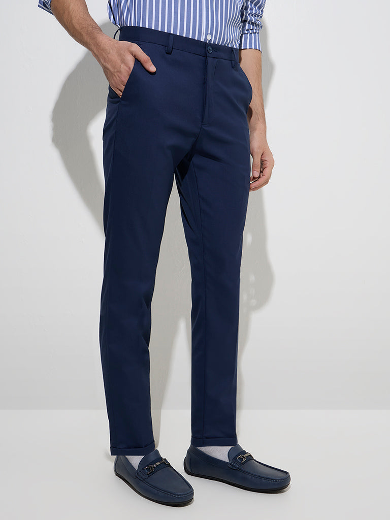 WES Formals Navy Carrot-Fit Mid-Rise Trousers
