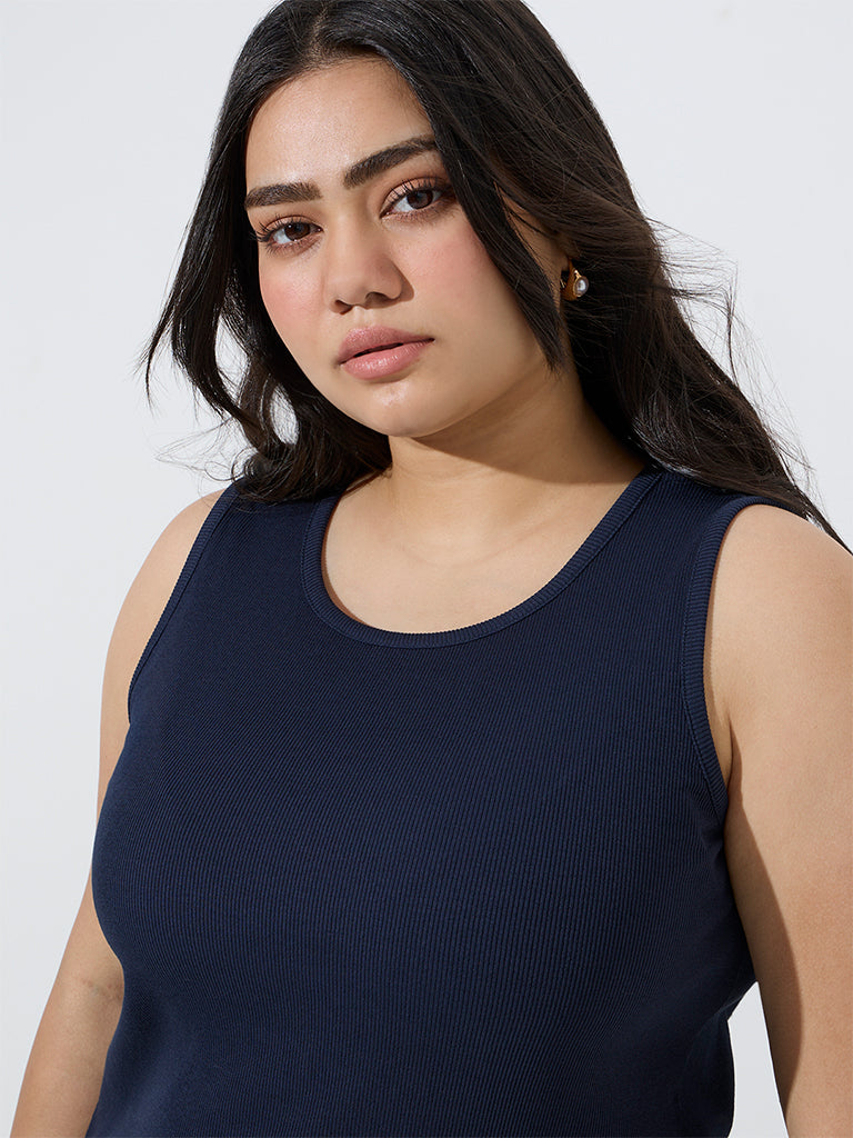 Gia Navy Ribbed-Textured Cotton-Blend Tank Top