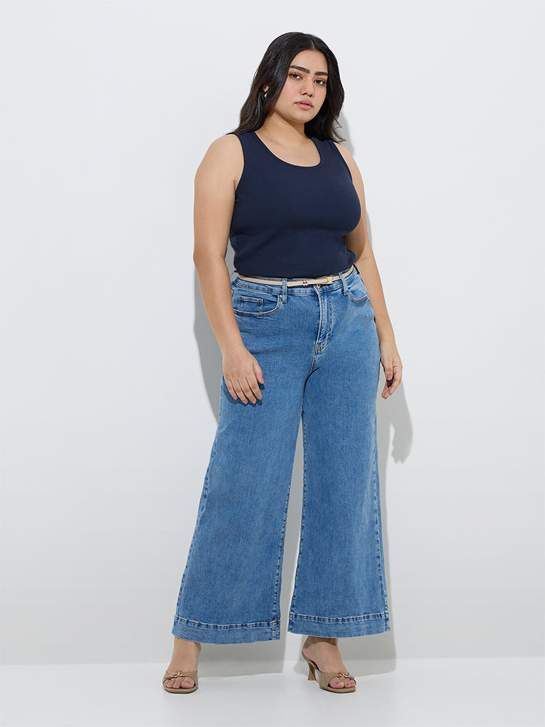 Gia Navy Ribbed-Textured Cotton-Blend Tank Top
