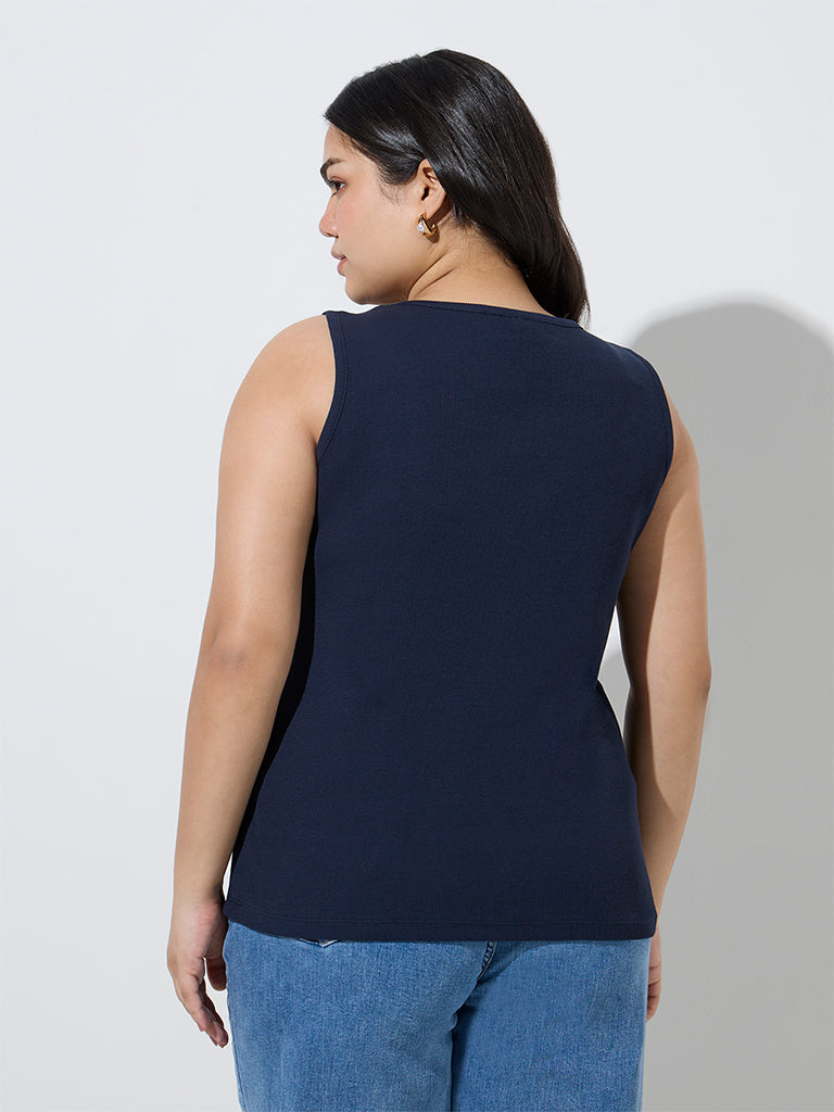 Gia Navy Ribbed-Textured Cotton-Blend Tank Top