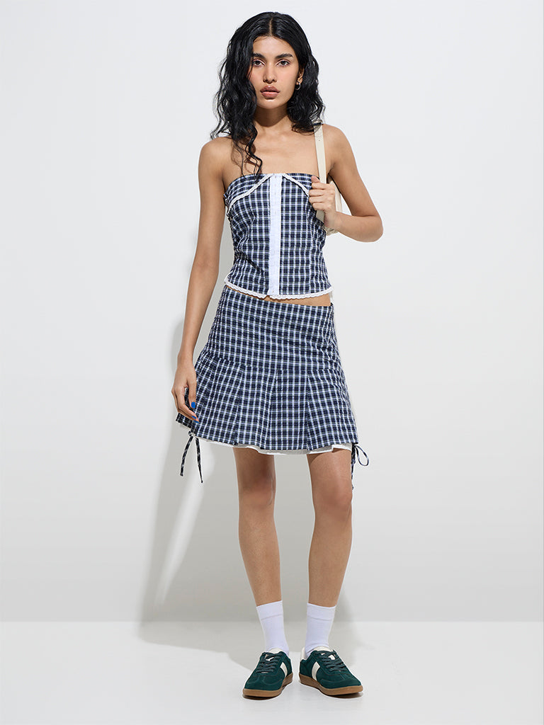 Nuon Navy Checkered Off-Shoulder Cotton Crop Top