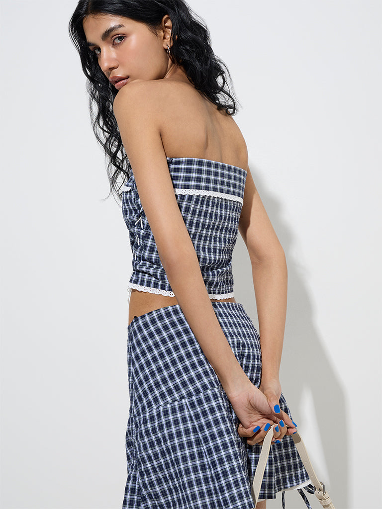 Nuon Navy Checkered Off-Shoulder Cotton Crop Top