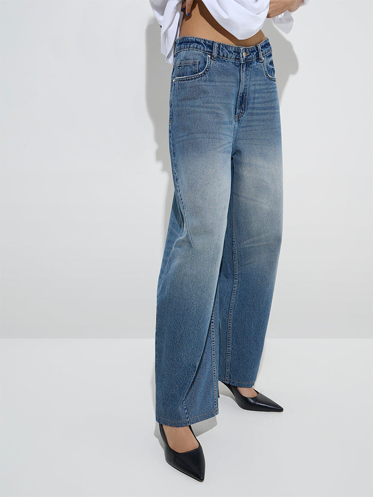 Nuon Dark Blue Washed Relaxed - Fit High - Rise Jeans