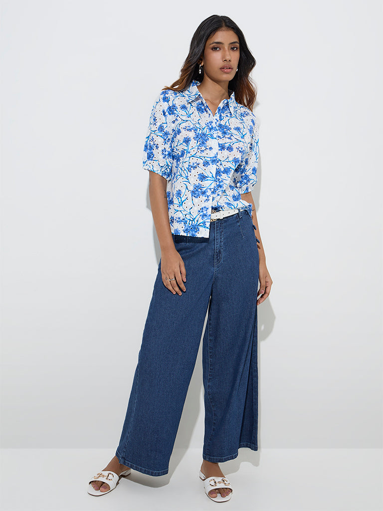 LOV Blue Floral Patterned Linen-Blend Shirt
