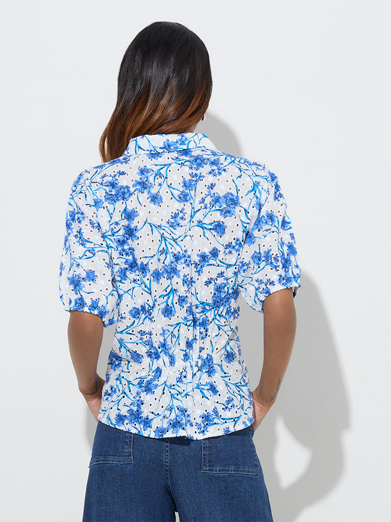 LOV Blue Floral Patterned Linen-Blend Shirt