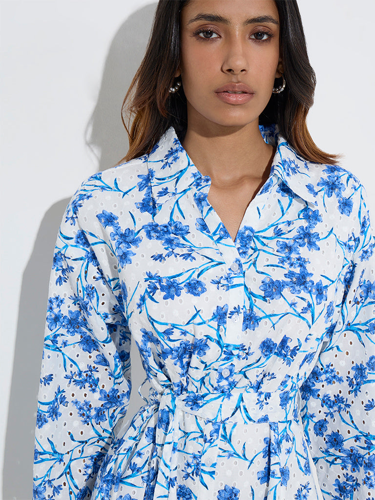 LOV Blue Floral Pattern Cotton Shirt Dress with Belt