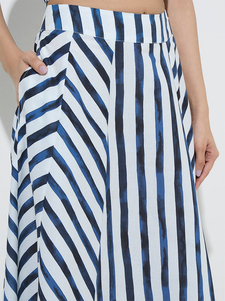 LOV Blue Stripe Printed High-Rise Cotton Skirt