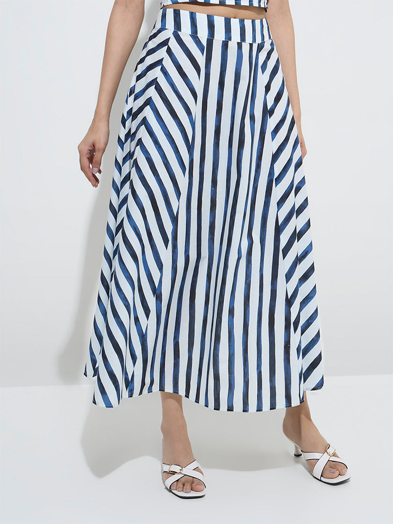 LOV Blue Stripe Printed High-Rise Cotton Skirt