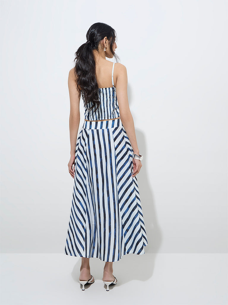 LOV Blue Stripe Printed High-Rise Cotton Skirt