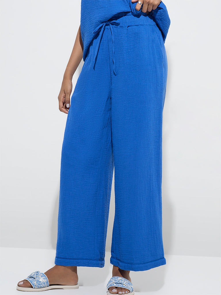 LOV Blue Crinkle-Textured High-Rise Trousers