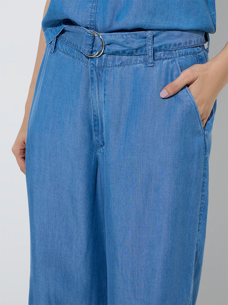 LOV Blue High-Rise Linen-Blend Trousers with Belt