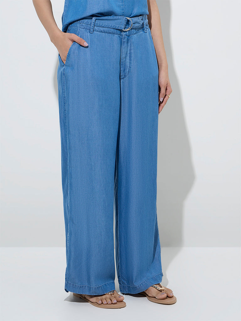 LOV Blue High-Rise Linen-Blend Trousers with Belt