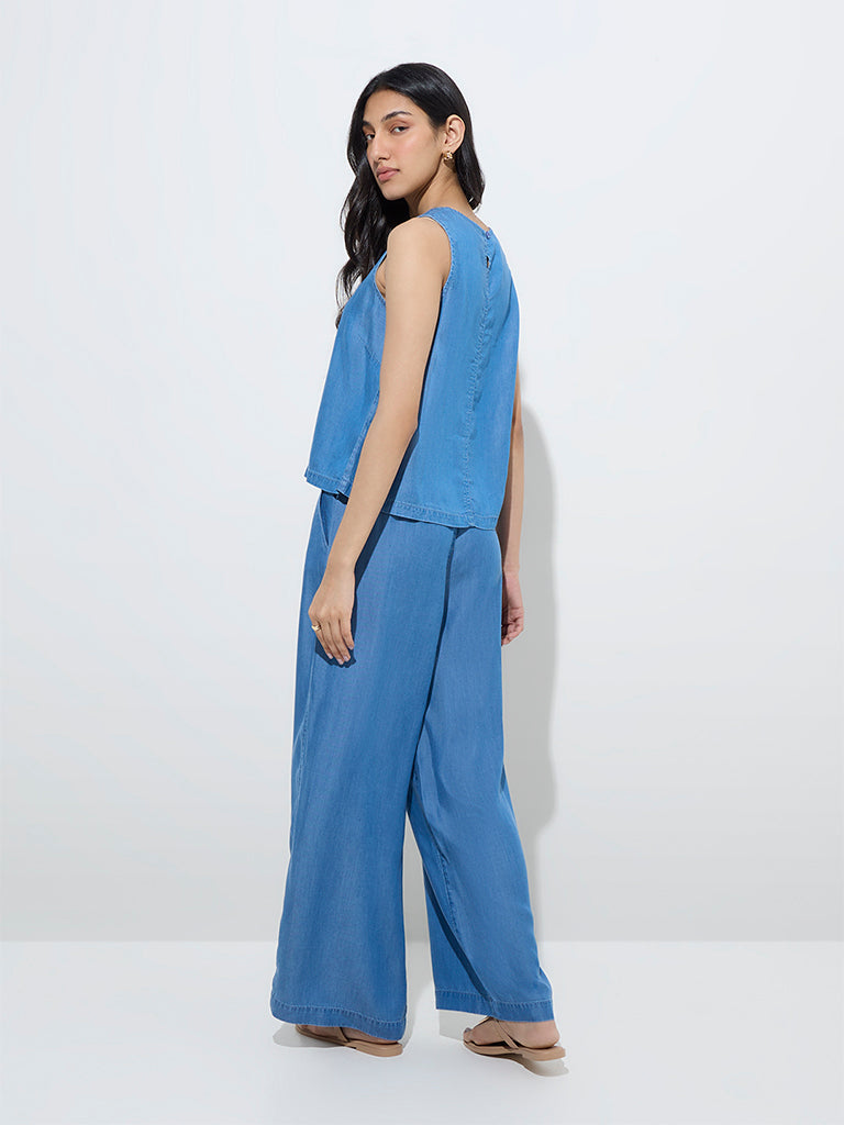 LOV Blue High-Rise Linen-Blend Trousers with Belt
