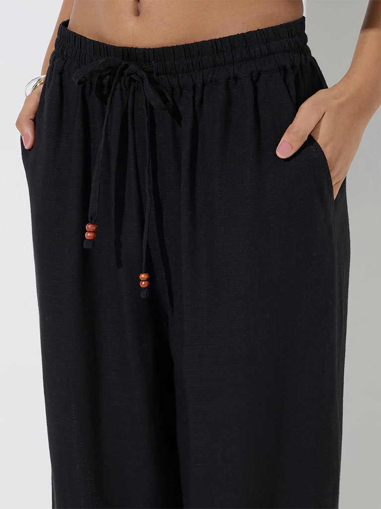 LOV Black Linen-Blend High-Rise Trousers