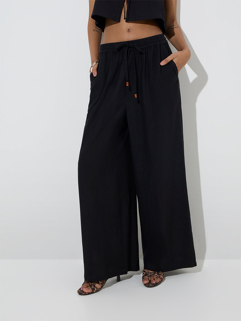 LOV Black Linen-Blend High-Rise Trousers