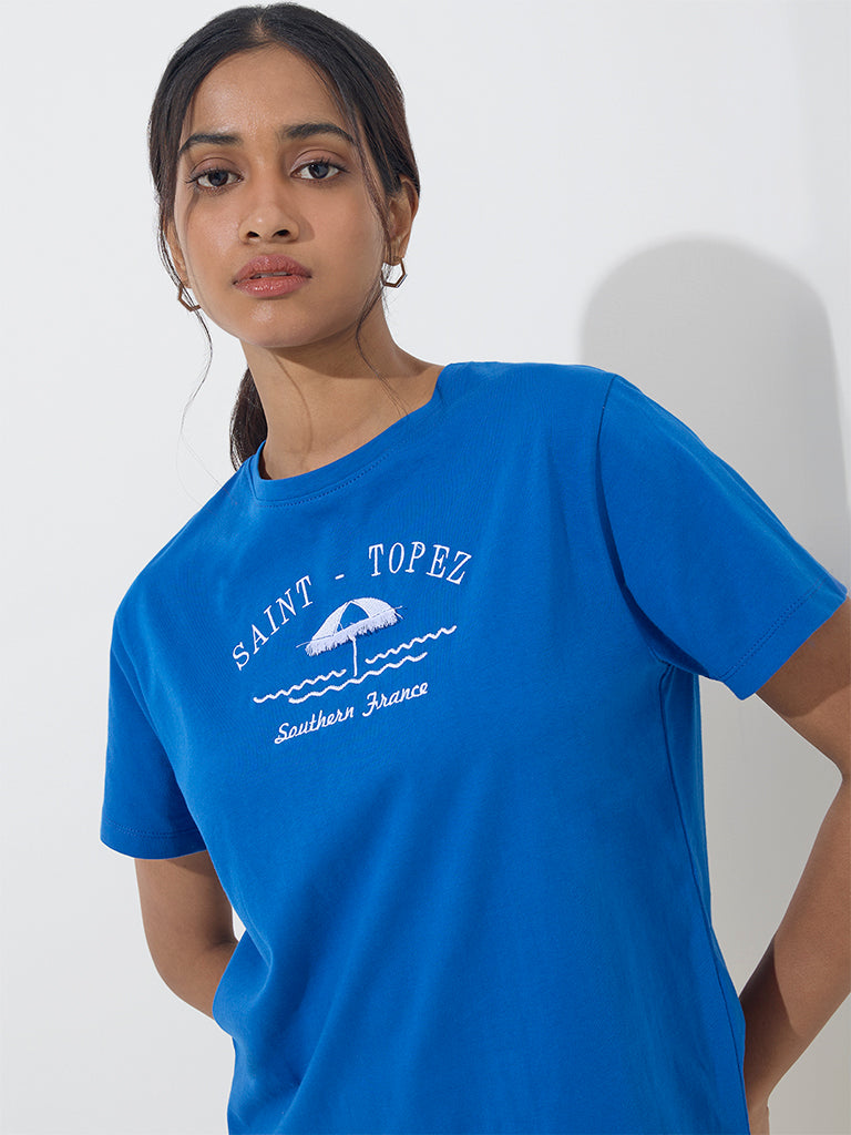 LOV Blue Text Print Cotton T-Shirt