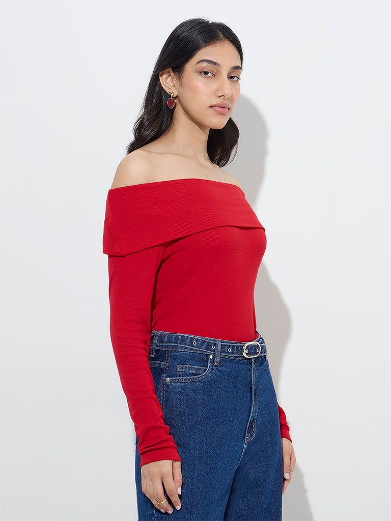 Buy LOV Red Ribbed-Textured Off-Shoulder Top from Westside