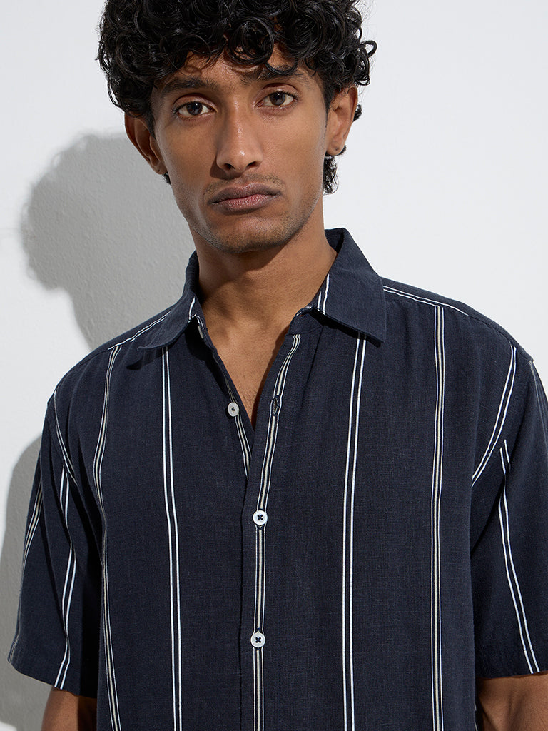Ascot Navy Stripe Printed Relaxed-Fit Shirt