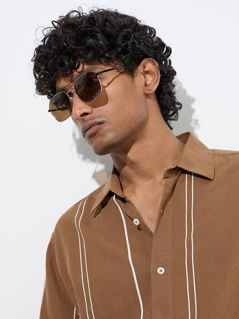 Ascot Brown Stripe Printed Relaxed-Fit Shirt