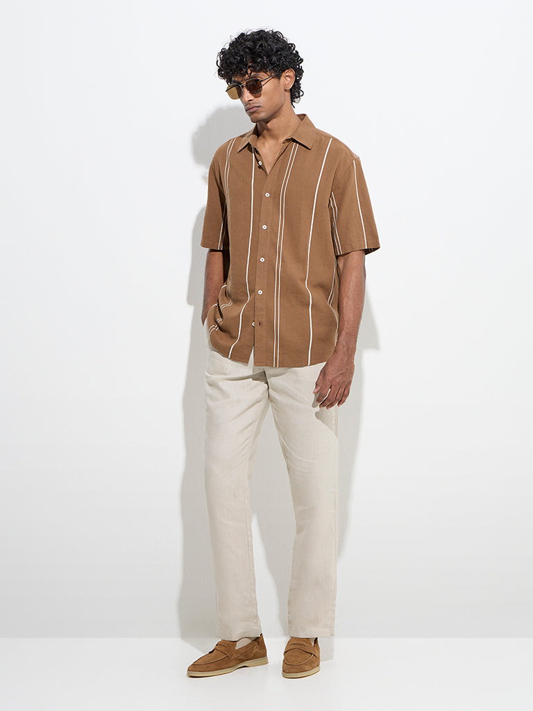 Ascot Brown Stripe Printed Relaxed-Fit Shirt