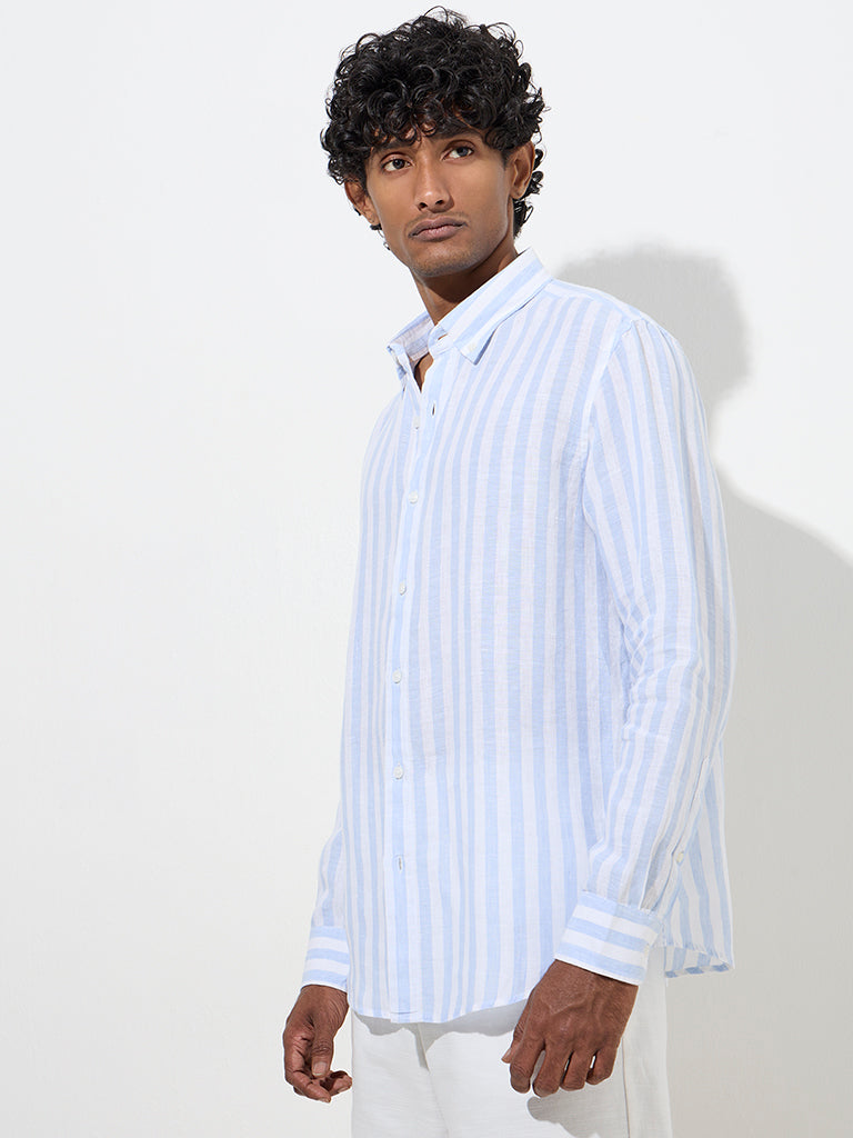 Ascot Light Blue Stripe Pattern Relaxed-Fit Linen Shirt
