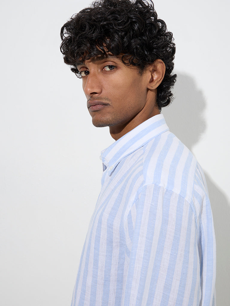 Ascot Light Blue Stripe Pattern Relaxed-Fit Linen Shirt