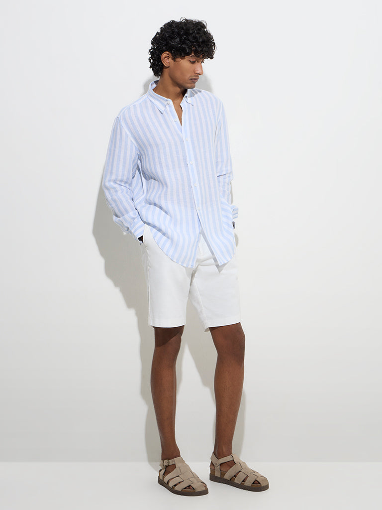 Ascot Light Blue Stripe Pattern Relaxed-Fit Linen Shirt