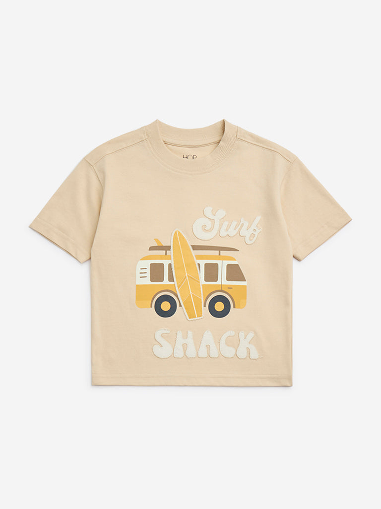 HOP Kids Beige Surfboard Printed Cotton T-Shirt