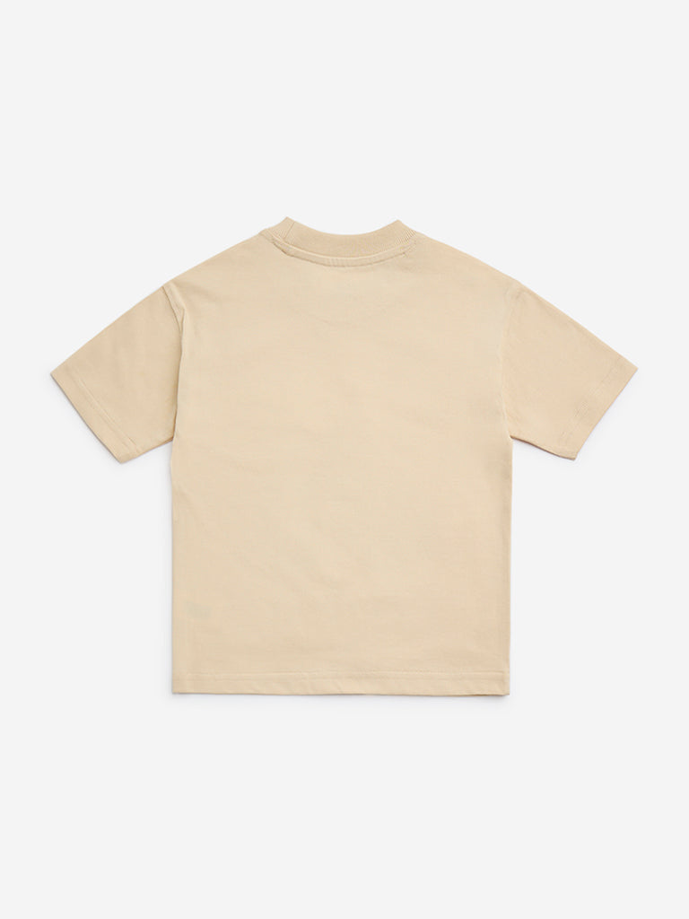 HOP Kids Beige Surfboard Printed Cotton T-Shirt