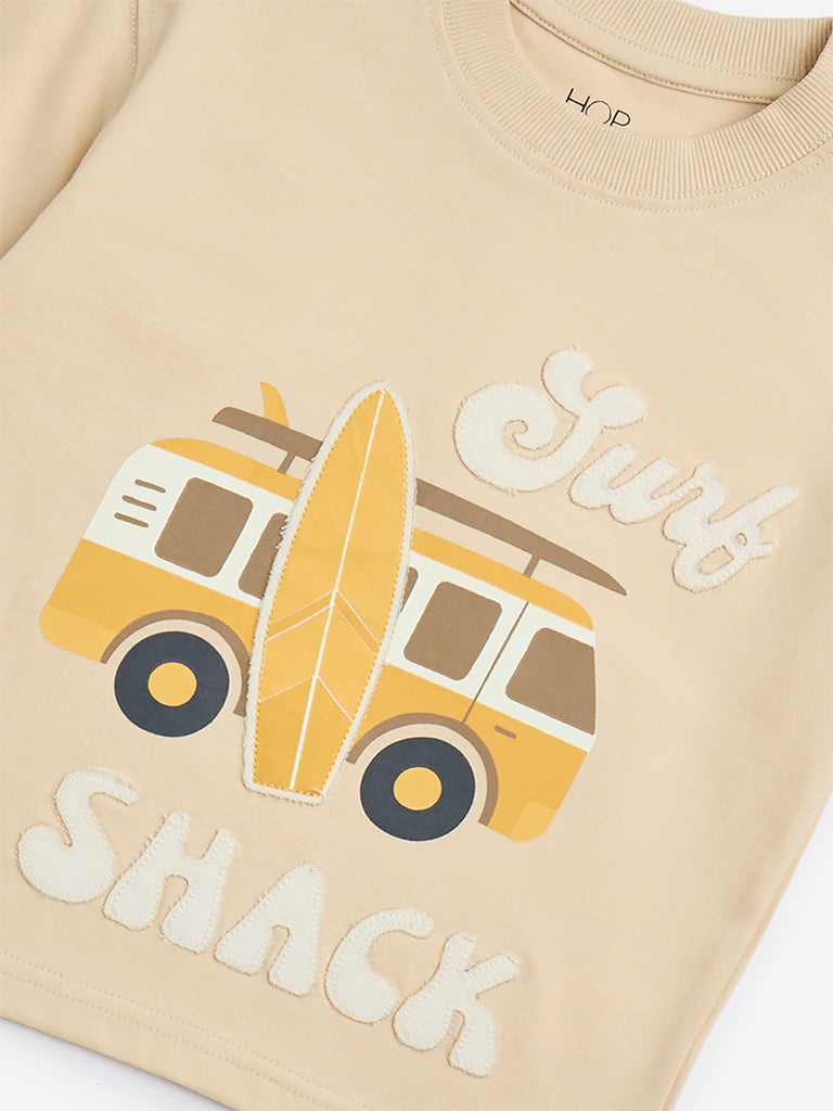 HOP Kids Beige Surfboard Printed Cotton T-Shirt