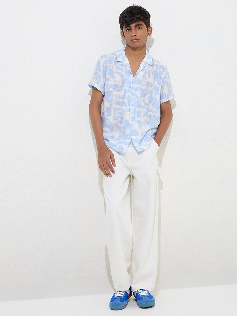 Y&F Kids Light Blue Abstract-Printed Resort-Fit Shirt
