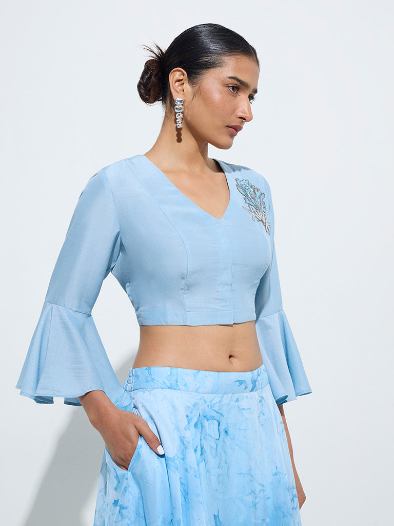 Vark Blue Embellished Cropped Blouse