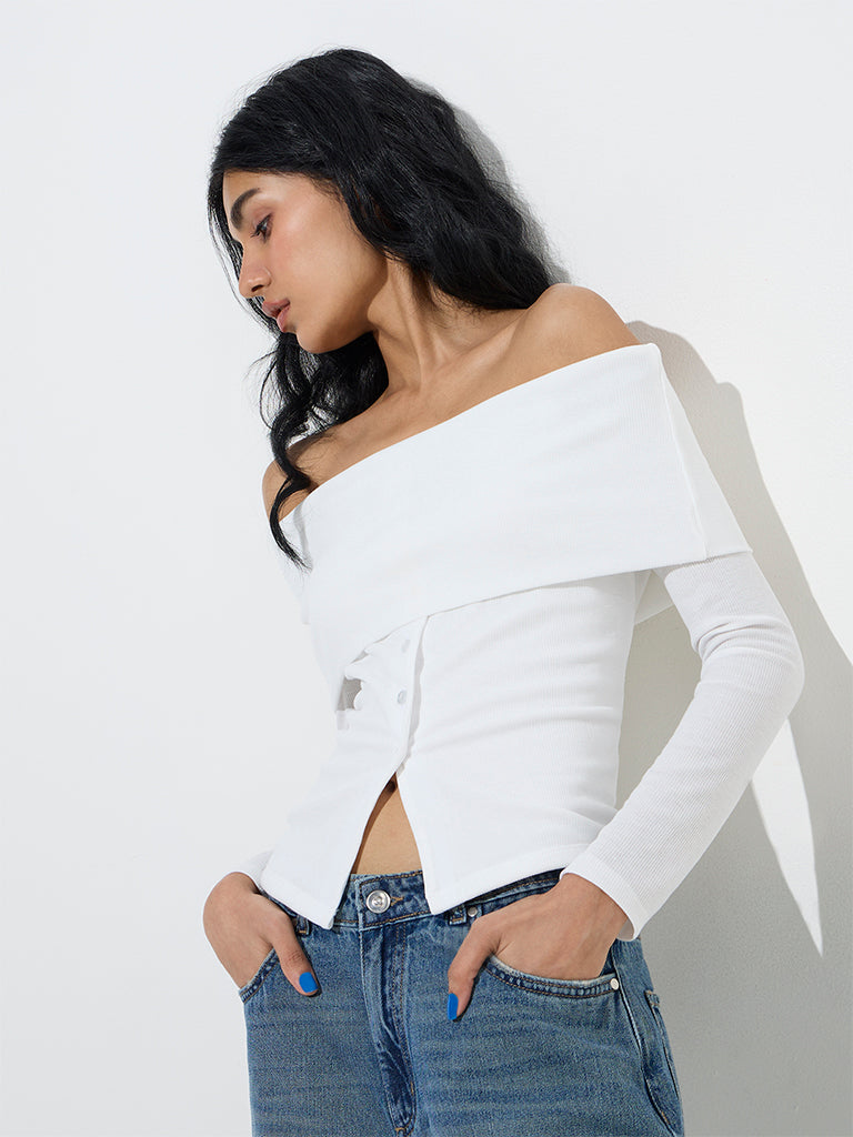 Nuon White Ribbed-Textured Off-Shoulder Top