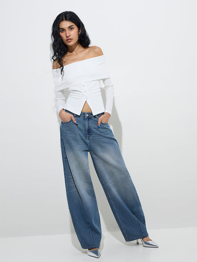 Nuon White Ribbed-Textured Off-Shoulder Top