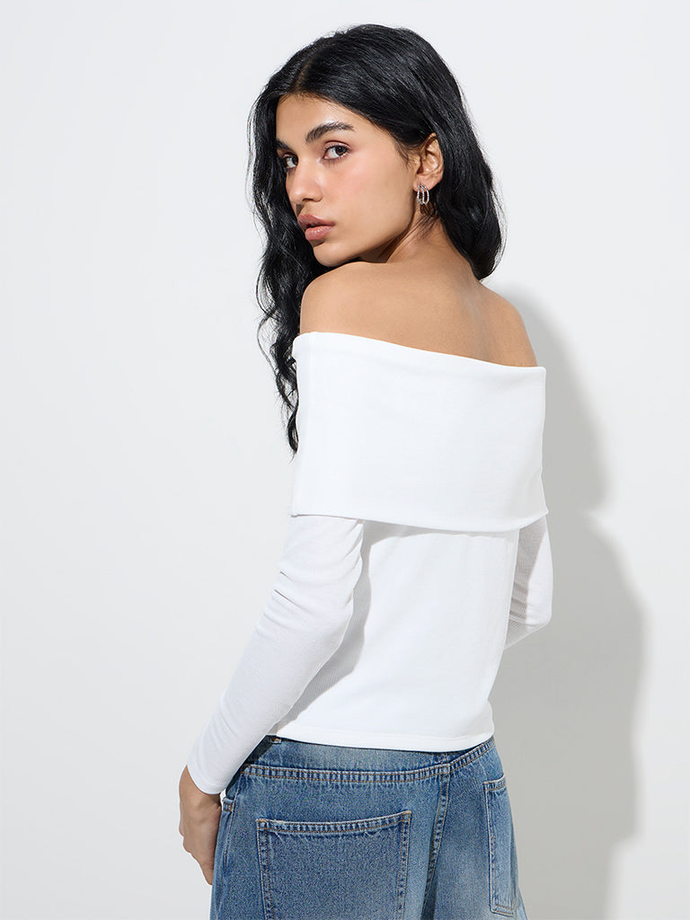 Nuon White Ribbed-Textured Off-Shoulder Top