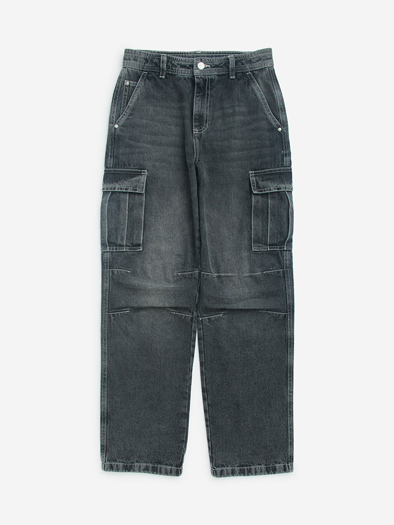 Y&F Kids Grey Washed Straight - Fit High - Rise Jeans
