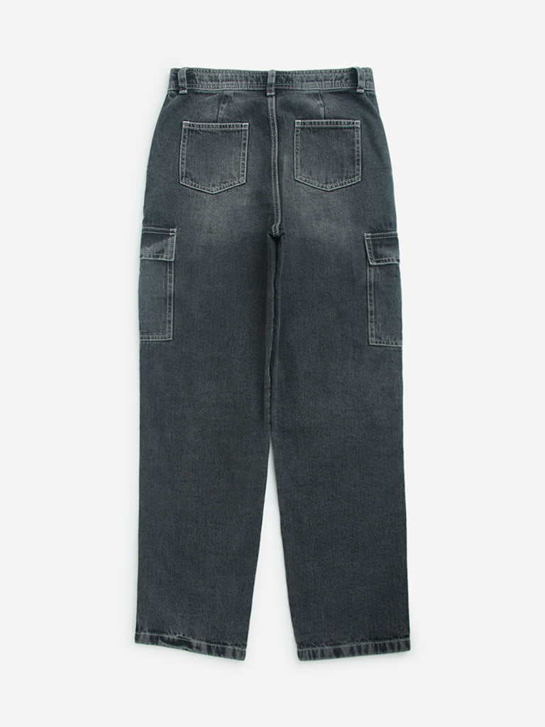 Y&F Kids Grey Washed Straight - Fit High - Rise Jeans