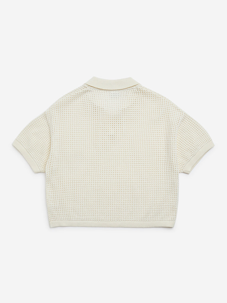 Y&F Kids Off-White Crochet-Detailed Cotton T-Shirt
