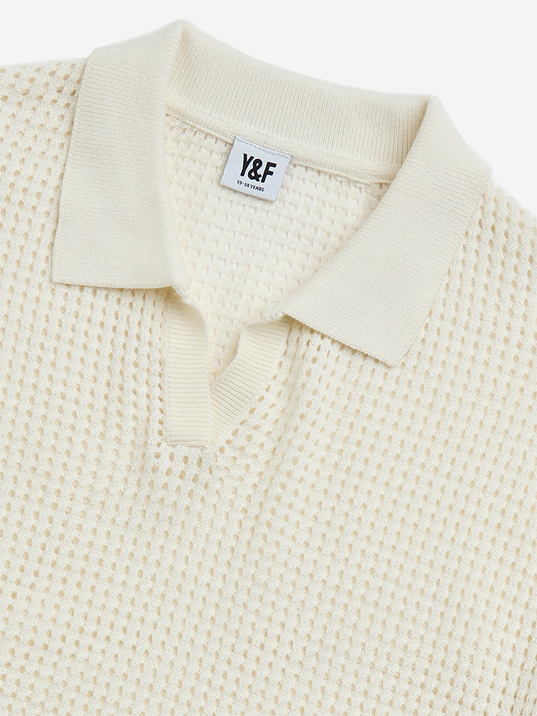 Y&F Kids Off-White Crochet-Detailed Cotton T-Shirt