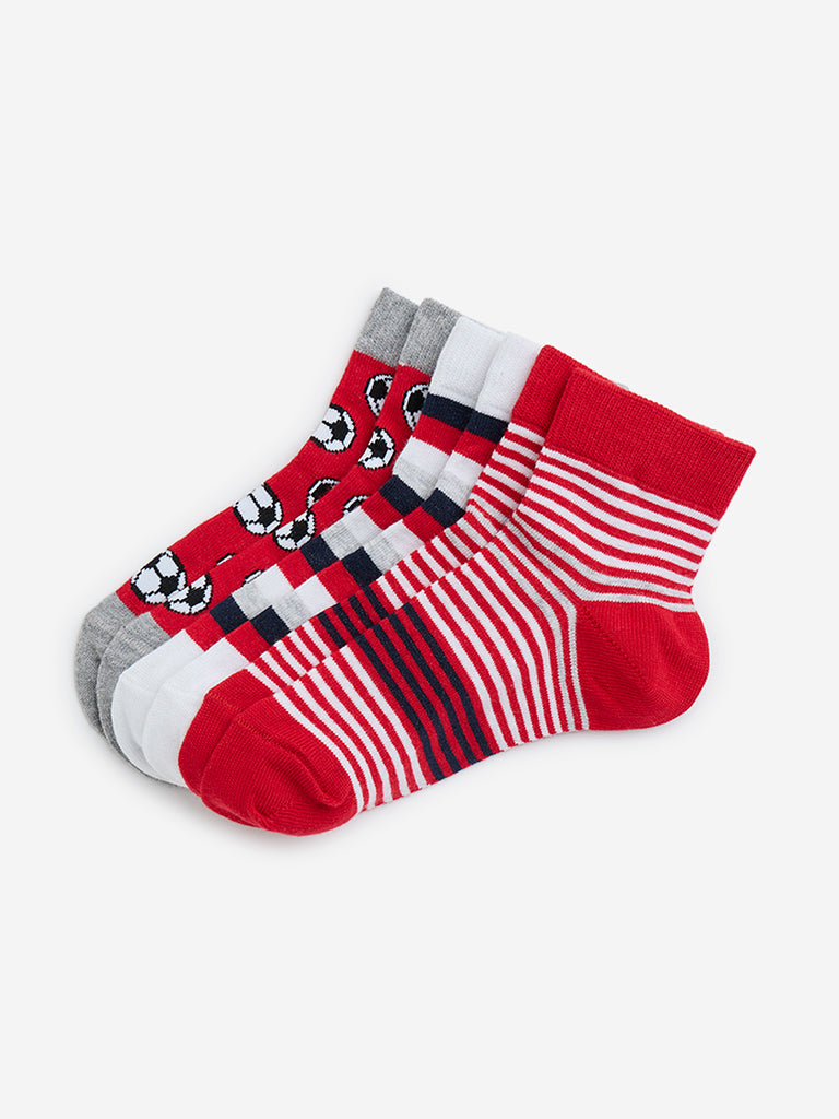 Westside HOP Kids Red Printed Cotton-Blend Socks - Pack of 3 for Casual Wear Variant
