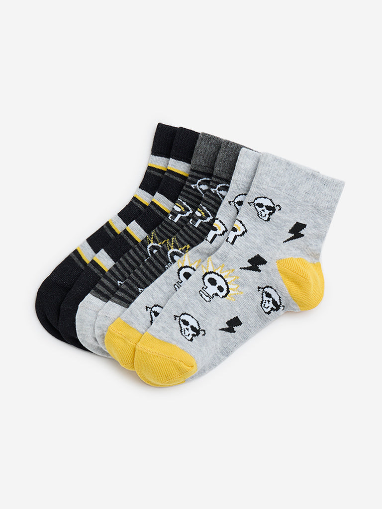 Westside HOP Kids Black Printed Cotton-Blend Socks - Pack of 3 for Casual Wear Variant