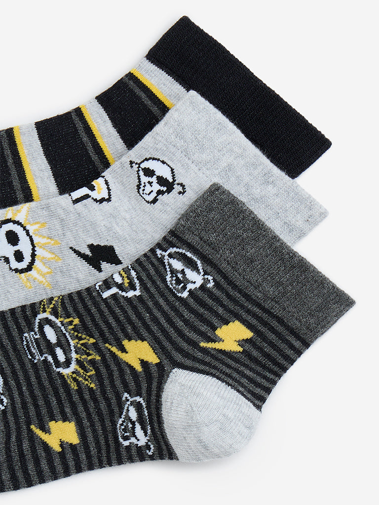 Westside HOP Kids Black Printed Cotton-Blend Socks - Pack of 3 for Casual Wear Zoomed View