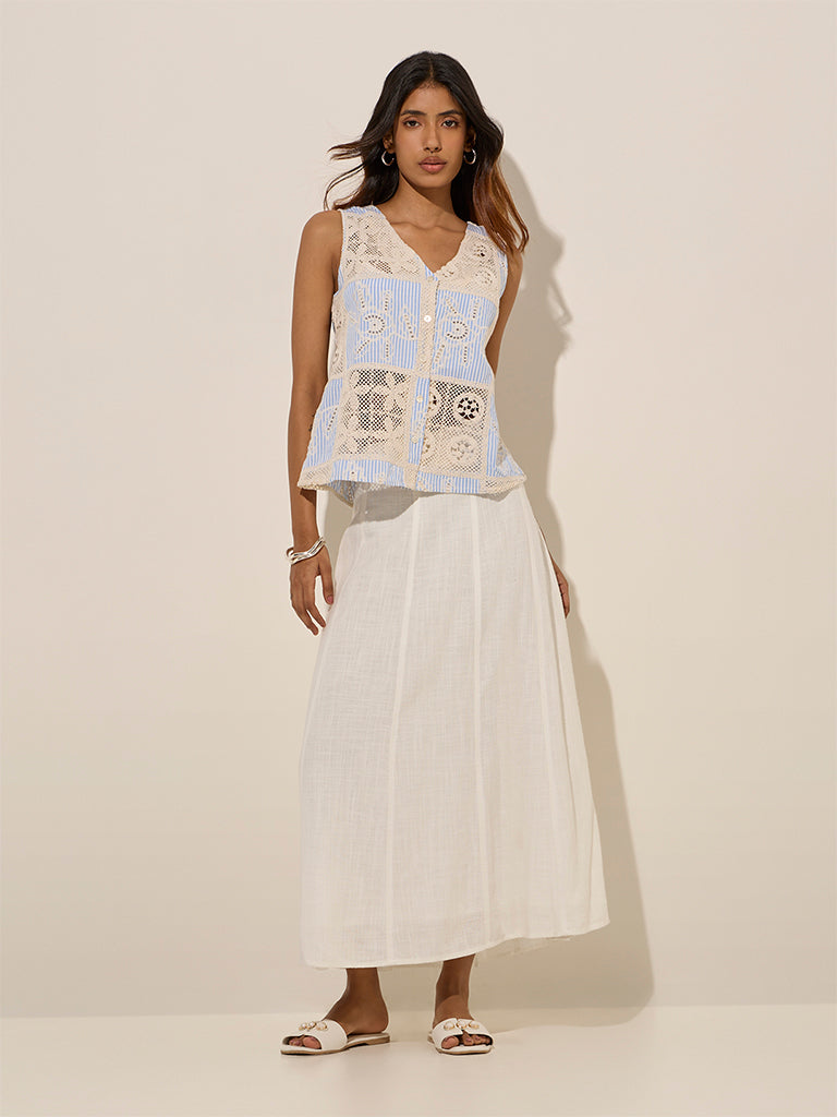 LOV Light Blue Crochet Waistcoat-Style Cotton Top