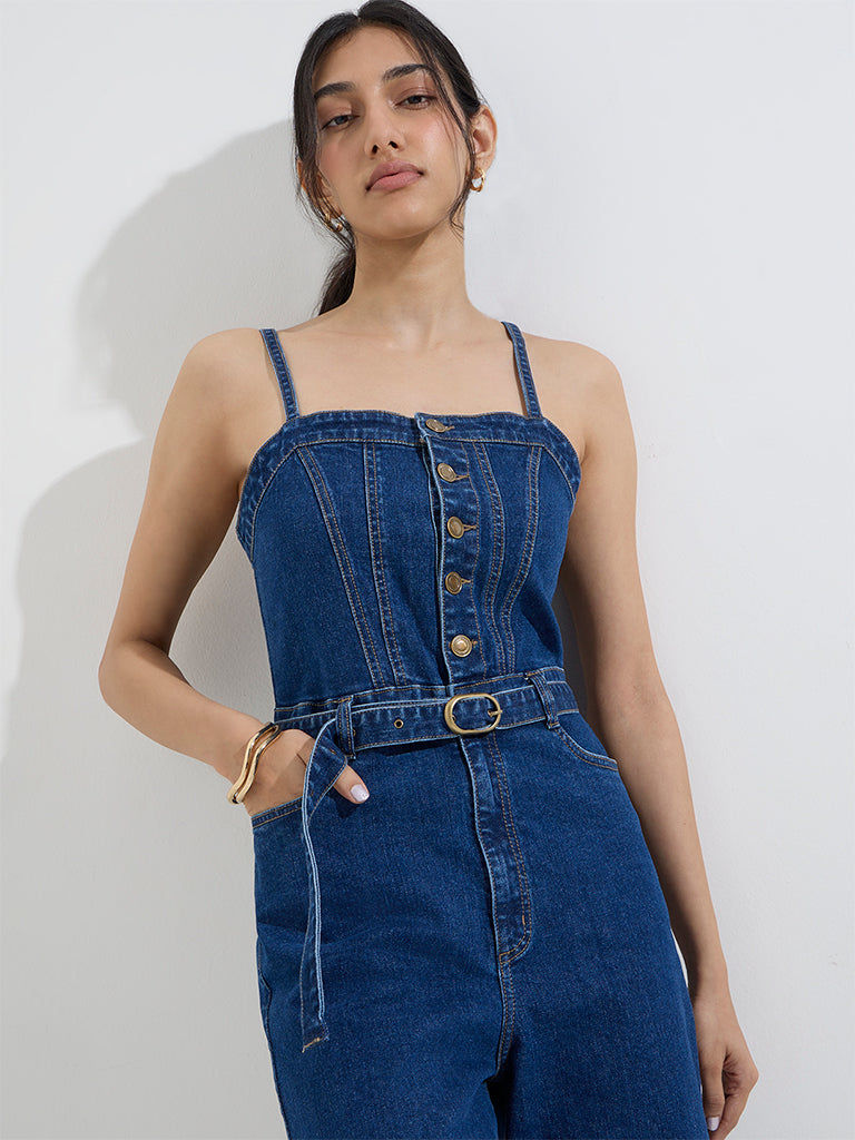 LOV Dark Blue Denim Jumpsuit with Belt