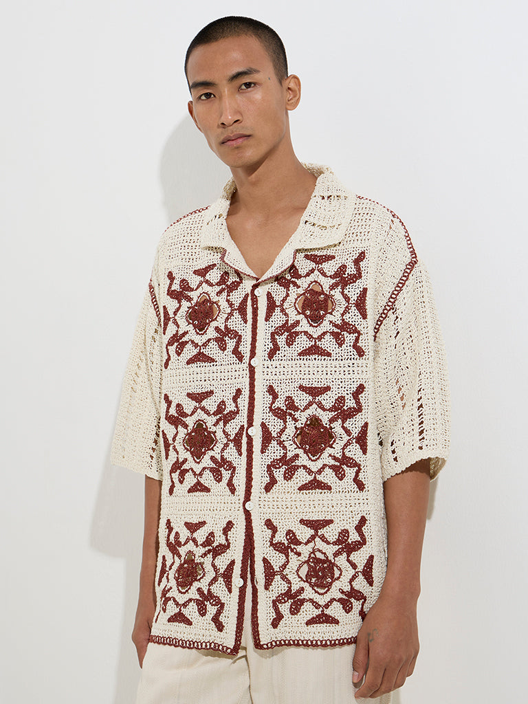 ETA Maroon Crochet-Detailed Relaxed-Fit Shirt
