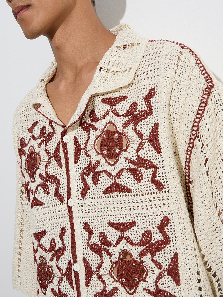 ETA Maroon Crochet-Detailed Relaxed-Fit Shirt