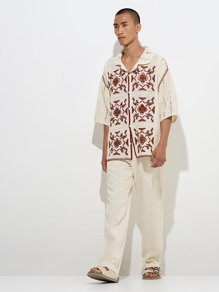 ETA Maroon Crochet-Detailed Relaxed-Fit Shirt