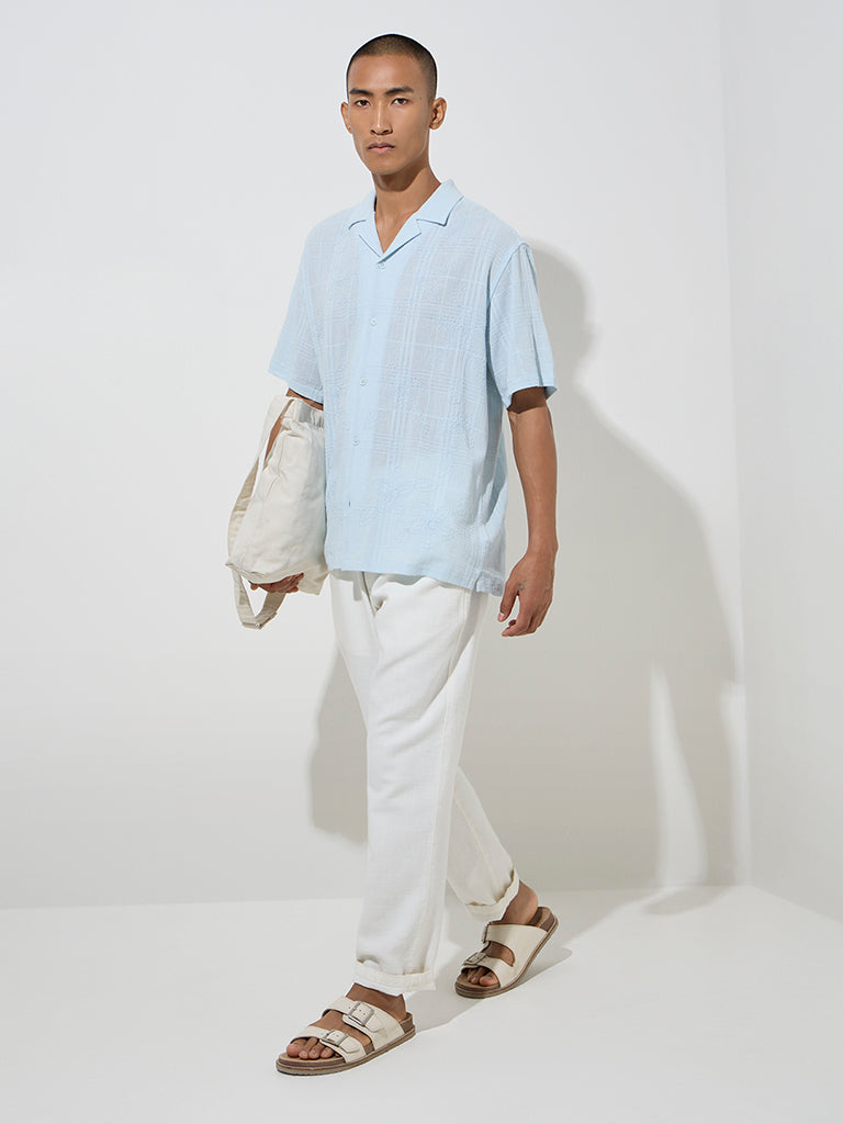 ETA Light Blue Floral Embroidered Relaxed-Fit Cotton Shirt
